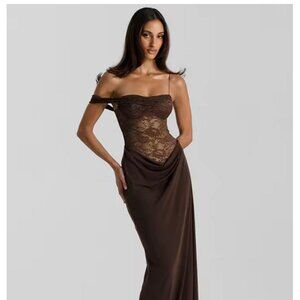 Chocolate Brown Lace-Panel Maxi Dress, brand new – Size Small